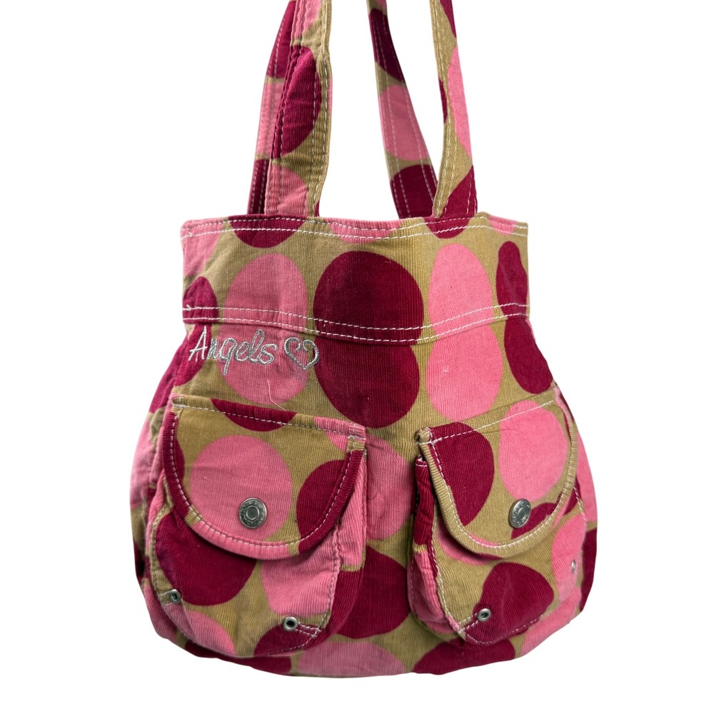 VTG Angels Pink Corduroy Polka Dot Tote Bag Y2K Cargo Pockets Heart Coquette